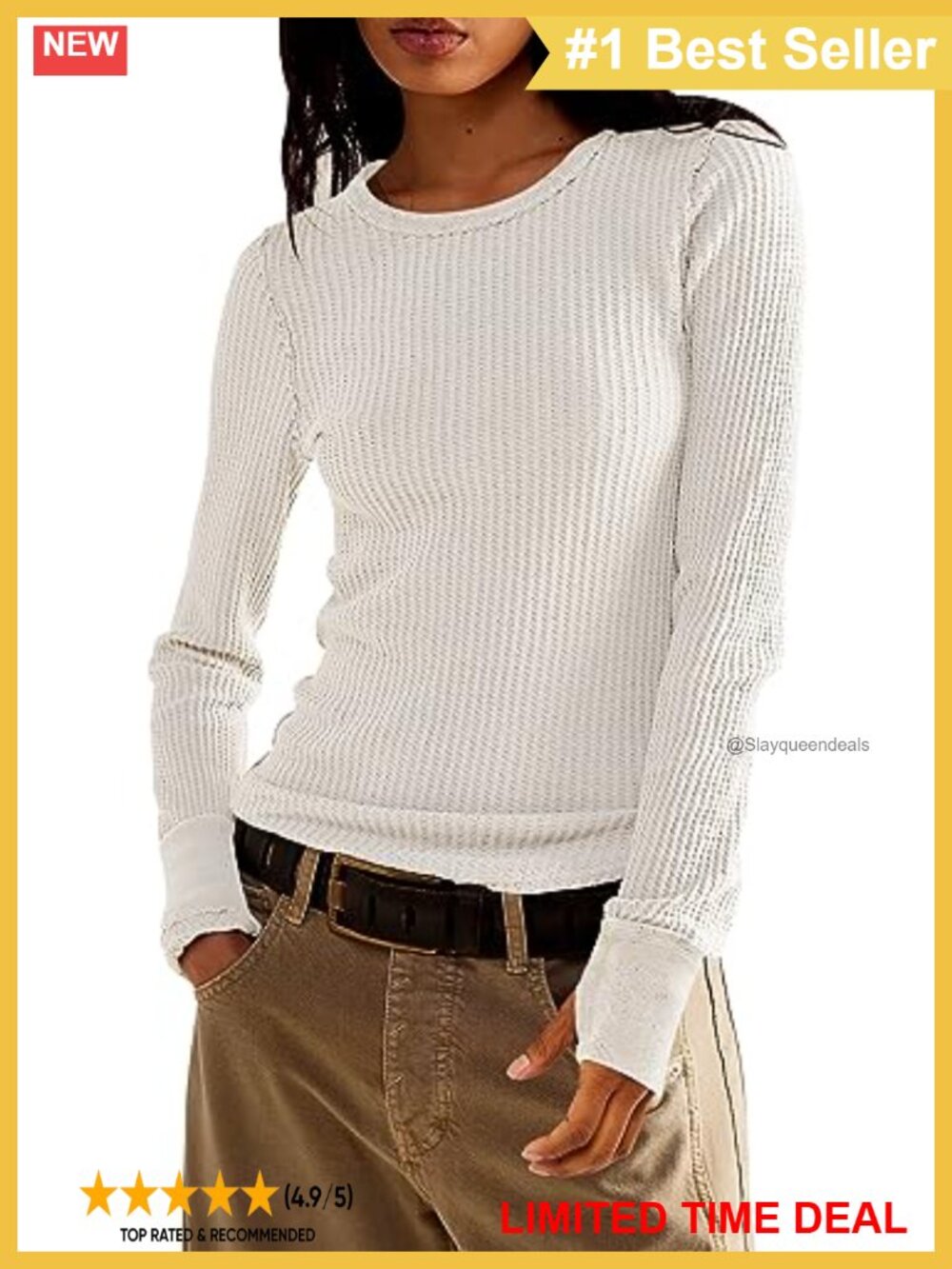 Waffle Knit Long Sleeve Slim Fit Pullover Top with Thumbholes